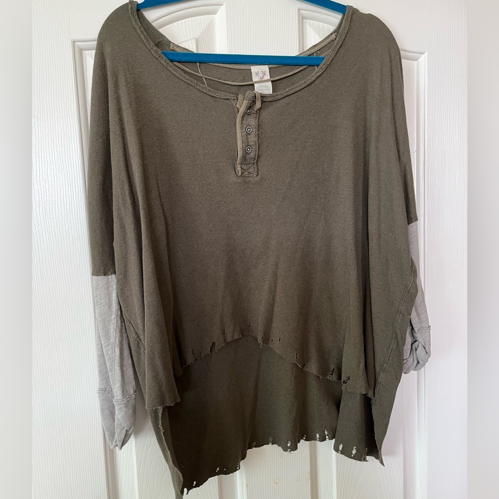 Free People Army green long sleeve button down top